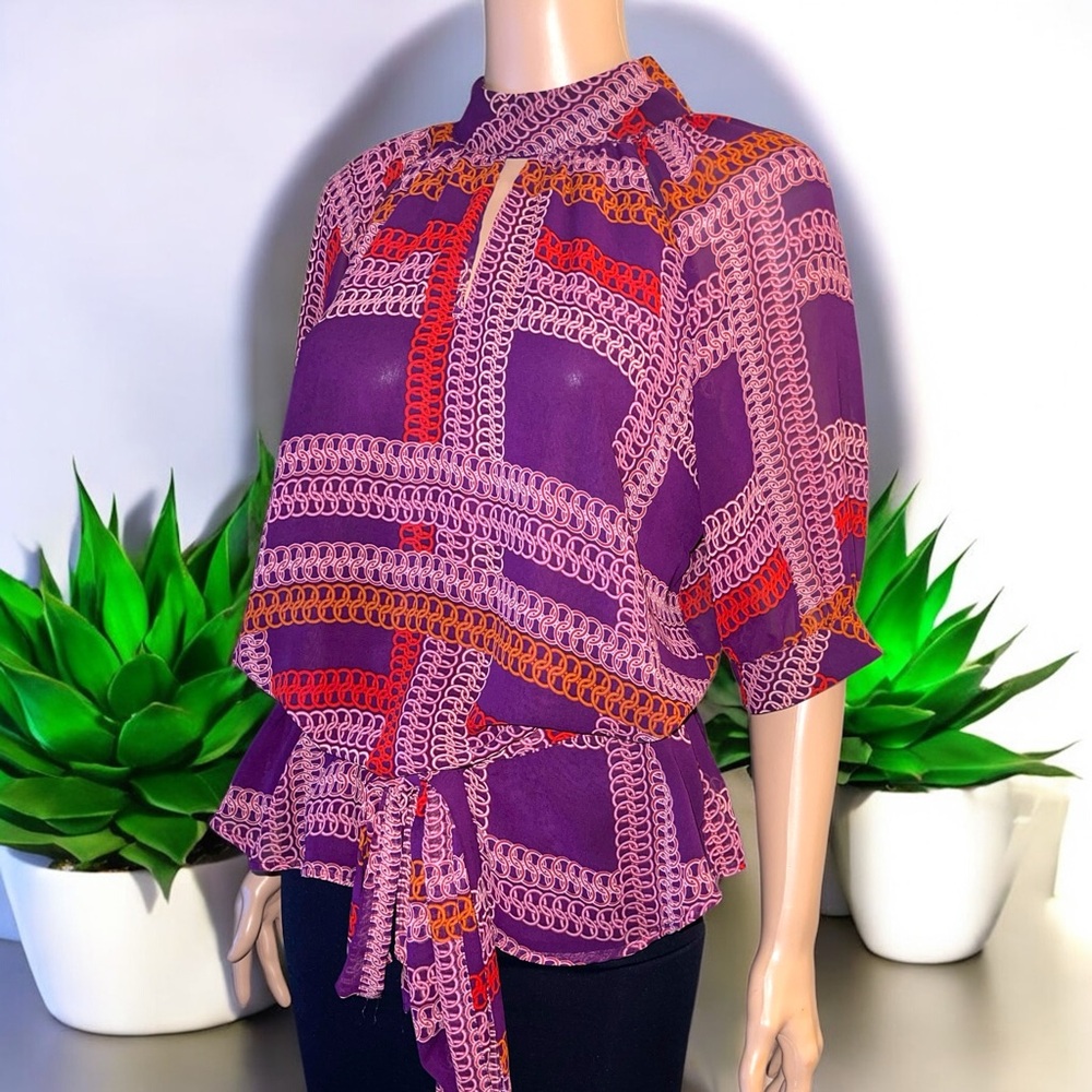 New York & Company Printed Dolman-Sleeve Keyhole Neck Waist Tie Blouse - Picture 5 of 15